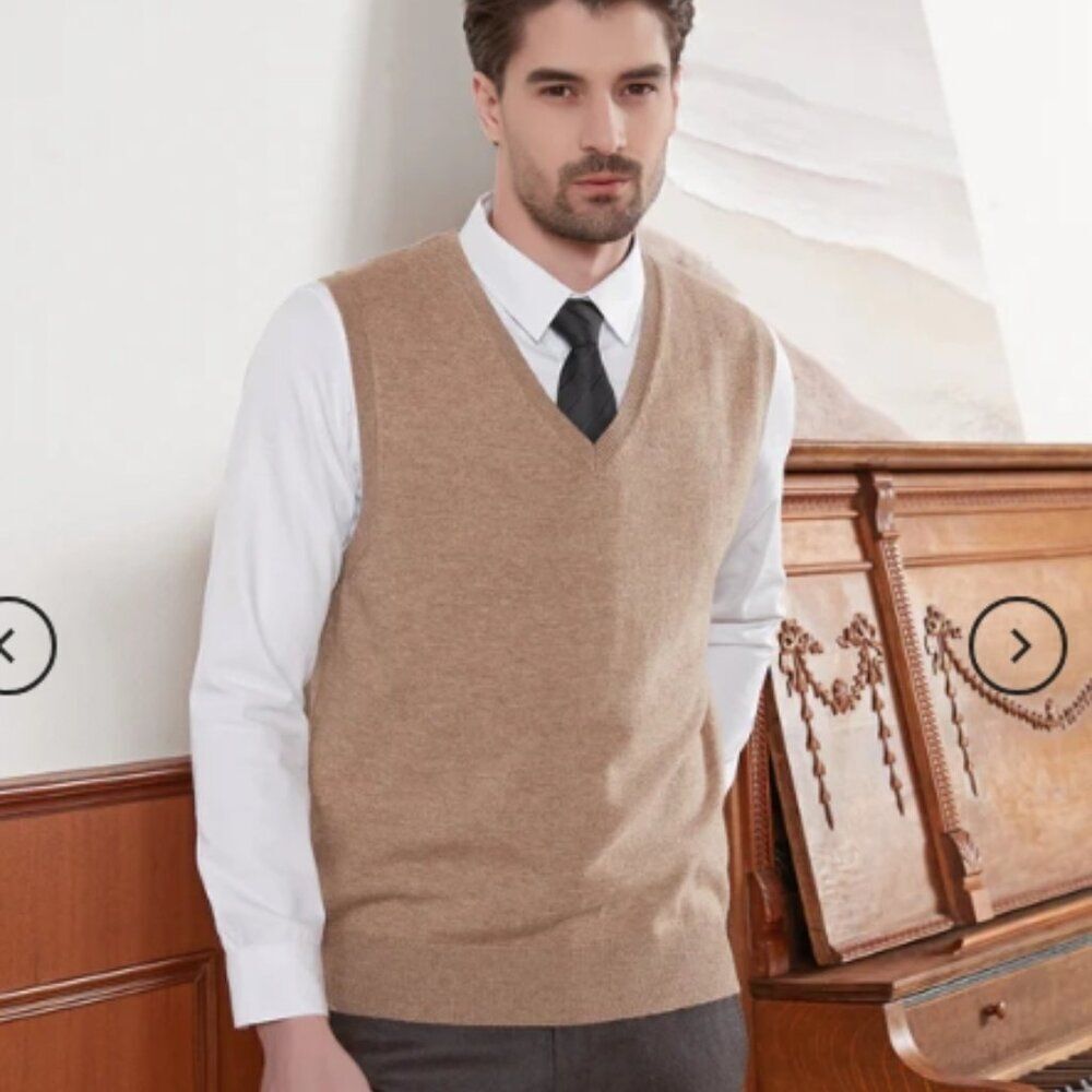 NWT Kallspin Men's Cashmere/Wool Blend V-Neck Vest Pullover Tan in Size L